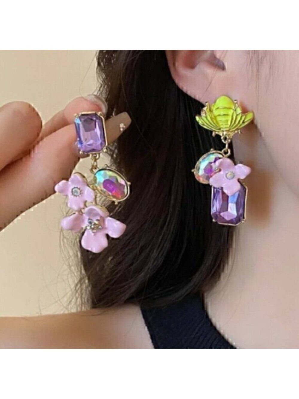 Rhinestone Drop Flower Medieval Fairycore Cottagecore Bee Earrings